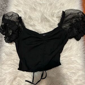 Black Crop Top with Lace Sleeves